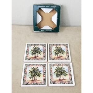 Stone Art Coaster Stone Art 3 1/2" Palm Trees Design Cork Back Made in USA w Box